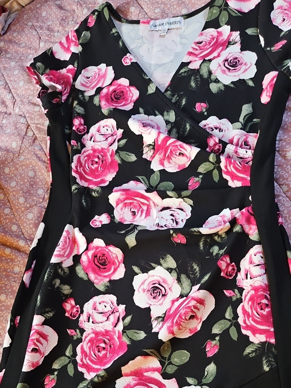 Almost Famous Black Floral Bodycon Dress with Pink Roses
